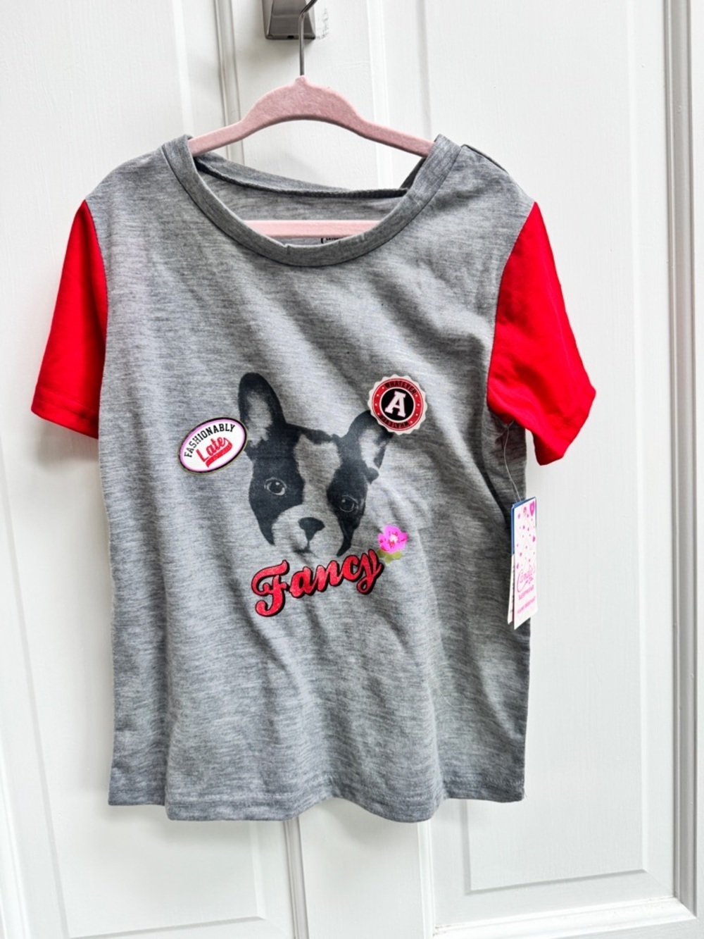 NWT Candie's Girls S 6 Grey Red Short Sleeve Tee Pajama Top Dog 'Fancy'